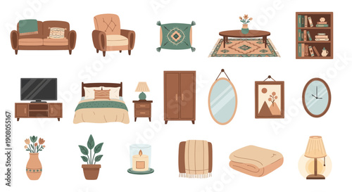 A collection of cozy home furniture and interior decor items.