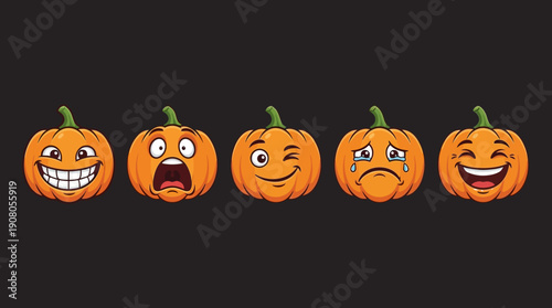 Halloween Cartoon Pumpkin Emoji Set: Vector Collection of Funny Faces, Expressions, Moods - Happy, Sad, Shocked, Winking, Grinning.
