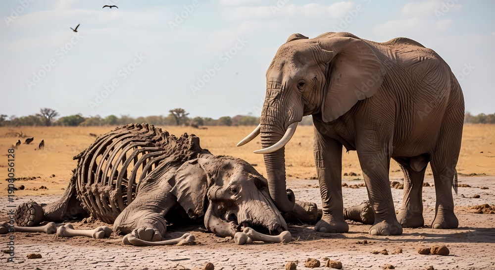 Fototapeta premium African Elephant Standing Beside Elephant Skeleton in Dry Landscape