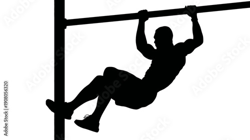 Black silhouette of a person doing a pull-up on a horizontal bar, demonstrating muscle exertion