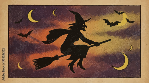 Vintage Halloween Witch Flying Silhouette. Classic Retro Illustration with Halftone Texture, Bats, and Crescent Moons against a Spooky Night Sky.