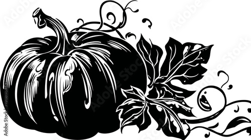 Stylized, monochromatic drawing of a pumpkin with leaves, vines, and curls