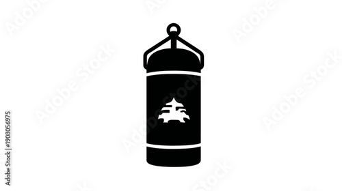 A tall, cylindrical shape with a ring on top, with a stylized tree icon in the center