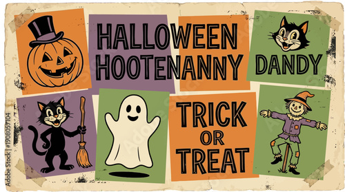 Classic Retro Halloween Poster featuring Jack-o'-Lantern, Black Cat, Ghost, and Scarecrow. Vintage Collage with "Trick or Treat" Text.