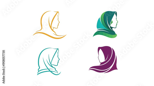 Four stylized hijab designs in different colors and patterns