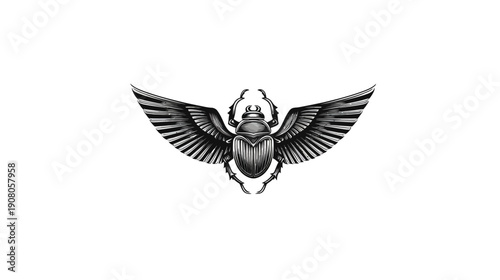 A symmetrical black and white illustration of a winged scarab beetle on a white background