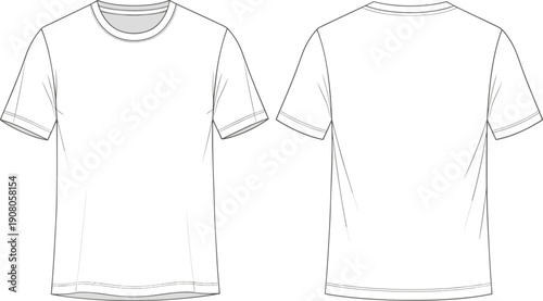 Technical flat sketch illustration of short sleeve crew neck T‑shirt front and back view garment fashion apparel design, flat vector illustration
