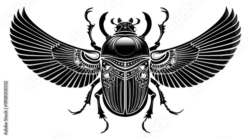 A detailed black and white illustration of a winged scarab beetle with intricate patterns