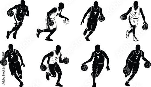 Basketball player silhouettes, dribbling poses, dynamic sports motion, athlete vector art, team training design, competitive game illustration, jersey numbers - flat vector illustration