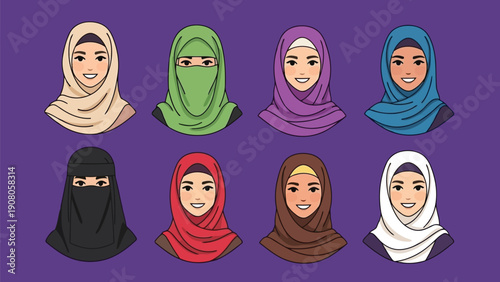 Diverse women wearing various styles of hijabs and headscarves in vibrant colors