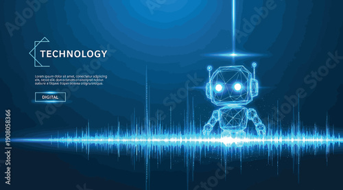 A futuristic robot with glowing blue eyes and a sound wave