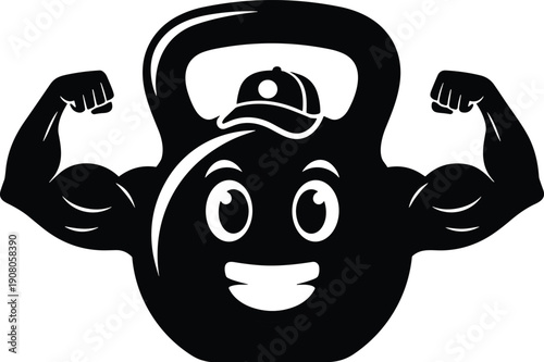 Cartoon kettlebell character with smiling face, baseball cap, muscular arms flexing strong fitness mascot gym icon design, flat vector illustration