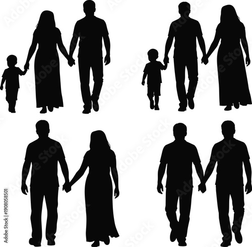 Family silhouettes, people holding hands, parent child unity, relationship vector art, companionship design, love connection illustration, lifestyle scene - flat vector illustration