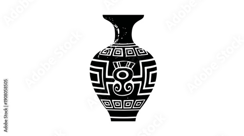 A black and white illustration of a stylized vase with geometric patterns