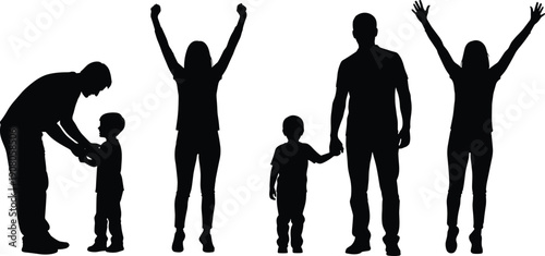 Family silhouettes, parents with children, joyful celebration, human interaction, parenting care, companionship, lifestyle design, people vector art, universal gesture - flat vector illustration