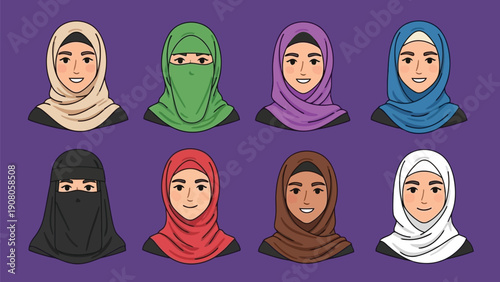 Diverse collection of women wearing colorful hijabs in various styles and patterns