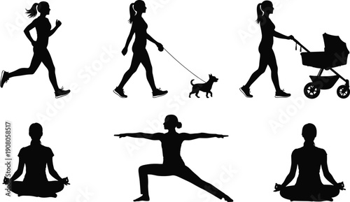 Fitness activity silhouettes set, running walking dog stroller yoga poses, healthy lifestyle icons, exercise pictograms, wellness training symbols, flat vector illustration