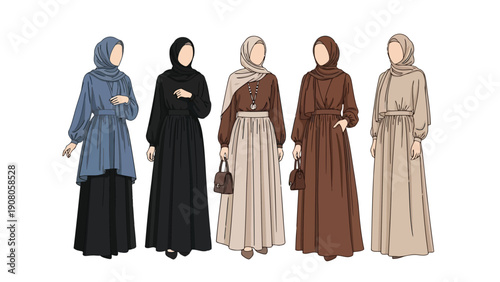 Variety of traditional long dresses in different colors and styles