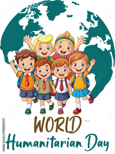 Happy diverse group of cartoon elementary school children waving cheerfully together against the backdrop of a large green earth globe design illustration.