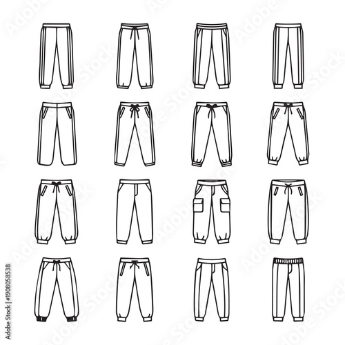 Collection of Various Pants Styles Vector Line Drawings