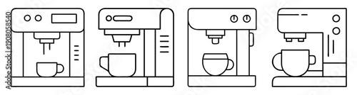 Modern coffee machine vector icon set with espresso maker, drip brewer, and capsule system in flat design for cafes and offices