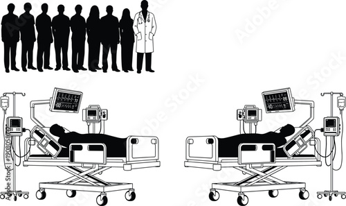 Medical silhouettes, doctor patient care, hospital bed vector, ICU equipment design, healthcare illustration, critical care art - flat vector illustration