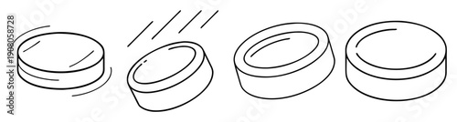 Set of four minimalist black and white hockey pucks vector icons isolated on transparent background for sports design