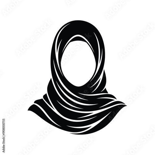 Elegant black and white illustration of a hijab draped gracefully on a head.