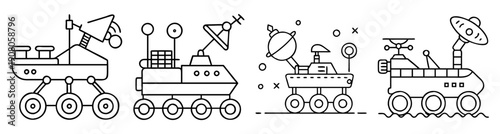 Set of Mars exploration rover icons vector illustration flat design space robots planetary mission science technology isolated black white