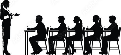 Silhouette classroom scene with teacher explaining to students at desks, education learning concept, school training icon design for teaching study, flat vector illustration