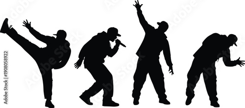 Silhouette illustration of hip hop dancers and rapper in streetwear hoodie cap dynamic pose music culture performance icon, flat vector illustration