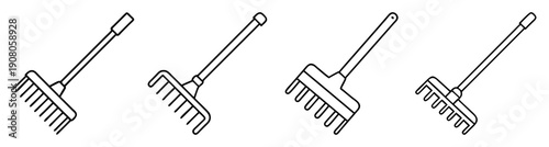 Set of four flat vector garden rake icons for lawn care, gardening tools, yard maintenance, and outdoor cleaning in minimalist line style