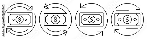 Vector refund money icon set with circular arrows and dollar signs isolated on white background for finance and e-commerce