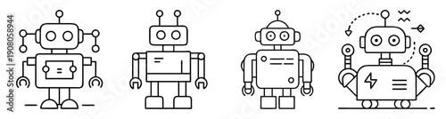 Cute robot teamwork vector icons set collaborating on math problem solving with gears and lightbulb idea concept