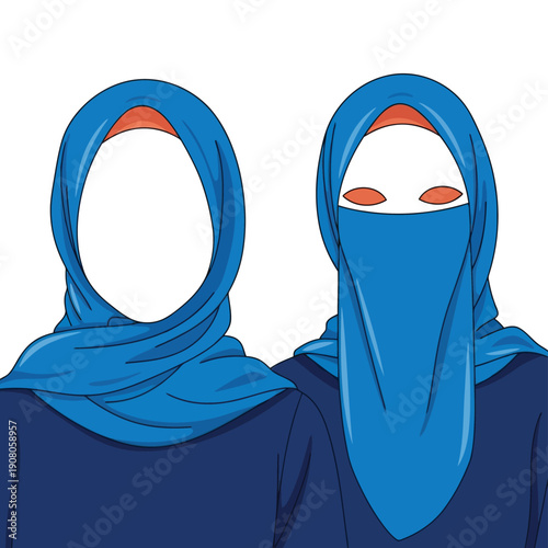Two stylized figures wearing blue headscarves and masks in a monochromatic design