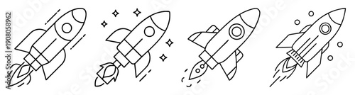 Set of six flat design vector rocket icons launching into space with stars and smoke trails for business and technology