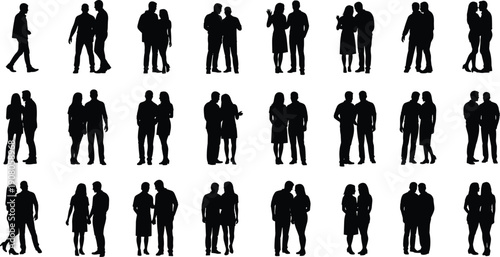 Silhouette illustration of pairs of people standing together in various poses, relationship interaction icon design concept for lifestyle unity, flat vector illustration