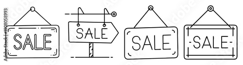 Vector sale tags hanging on rope with discount signs for retail shopping and clearance promotions