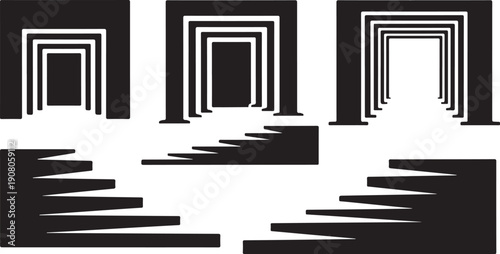 Black and white geometric shapes with staircases and doorways