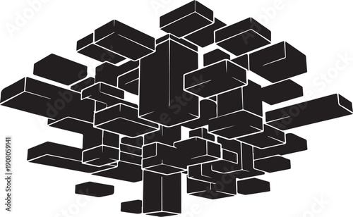 Black 3D cubes floating in mid air digitally created