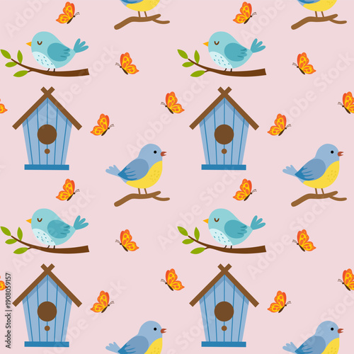 Cute pattern with bird feeders, birds and butterflies for print, greeting cards. Spring holiday. Vector illustration on pastel pink background