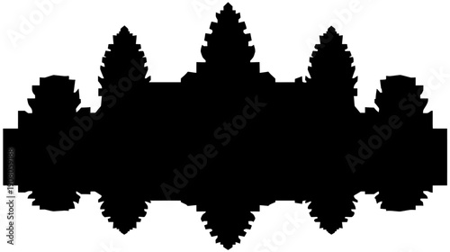 A silhouette of a tiered temple with central spires, symmetrical design