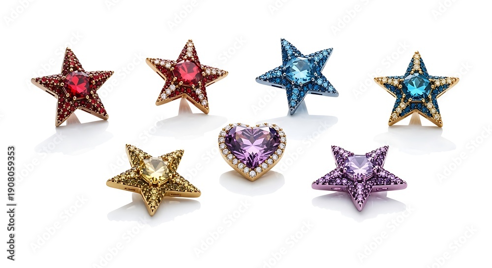 Fototapeta premium Beautiful star shaped jewelry pieces are shown in different colors and designs