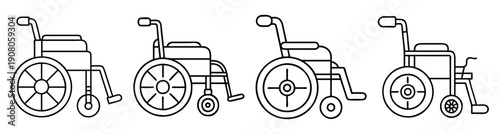 Set of four modern wheelchair vector icons in black and white for accessibility and disability awareness design