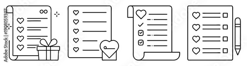 Minimalist wishlist checklist vector icons with gift box, heart, and shopping symbols for ecommerce and holiday promotions
