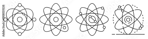 Set of four minimalist atomic structure vector icons for science education and technology design elements