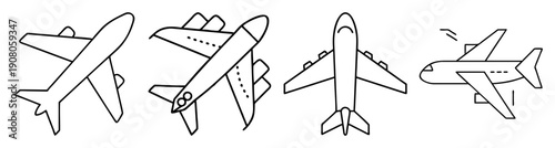 Set of four modern airplane vector icons in flight and takeoff modes isolated on white background for travel and aviation design