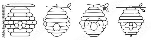 Bee Hive Vector Icon Set with Honeycomb and Bees in Flat Design Style Illustration