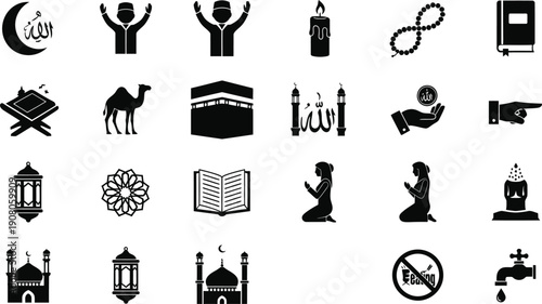 Ramadan icons set with prayer symbols and fasting elements