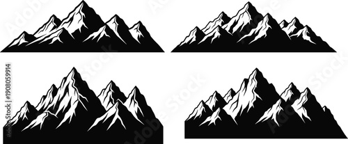 Mountain range silhouettes vector illustration, sharp peaks snow summits black white design landscape nature outdoor adventure isolated graphic collection